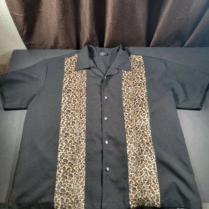 Steady Last Call Men's Black Fuzzy Leopard Panel Rockabilly Bowling Shirt 3XL